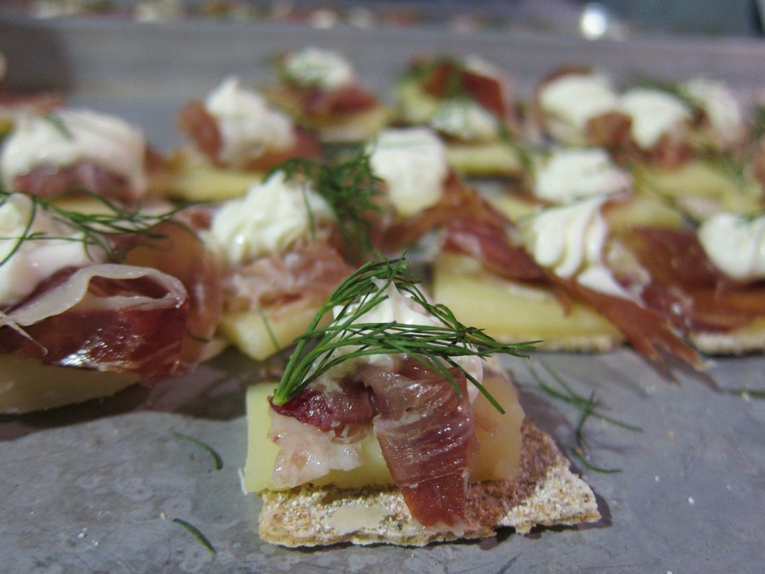 "12 month Gruyere AOP with Vermont Creamery Creme Fraiche mixed Batampte horseradish, La Quercia speck, fresh dill-all to be served on a vegetable crisp," from Jeremy Jackson, Central Market Westgate, Austin<br>